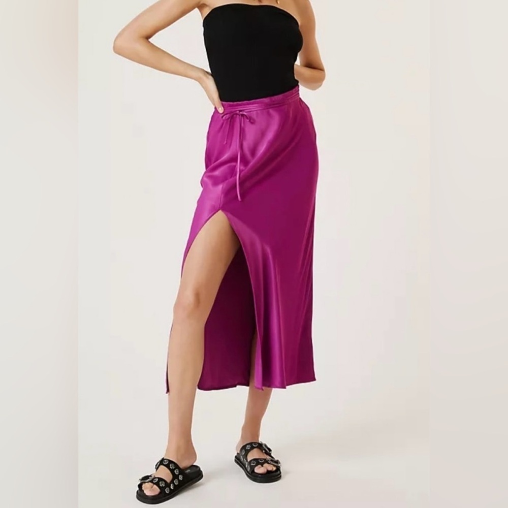 Anthropologie Satin Slip Midi Skirt Magenta Tie Waist NWT Rare S